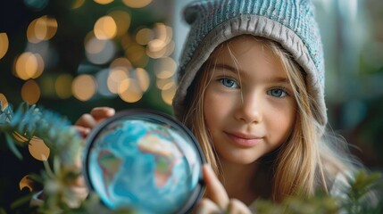 Fototapeta premium This image captures a young girl with bright blue eyes and wearing a striped hat, intensely gazing at a globe surrounded by greenery and warm bokeh light, symbolizing curiosity.