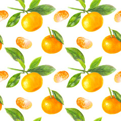 The design features an elegant watercolor illustration of fresh mandarines in a pattern arrangement