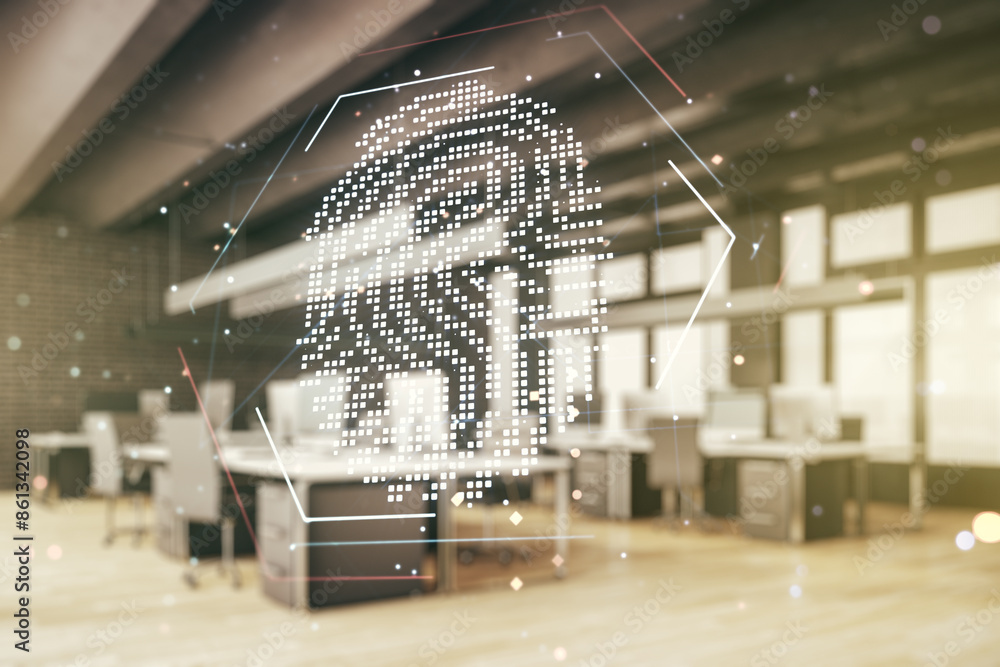 Poster multi exposure of virtual fingerprint scan interface on a modern furnished office interior backgroun