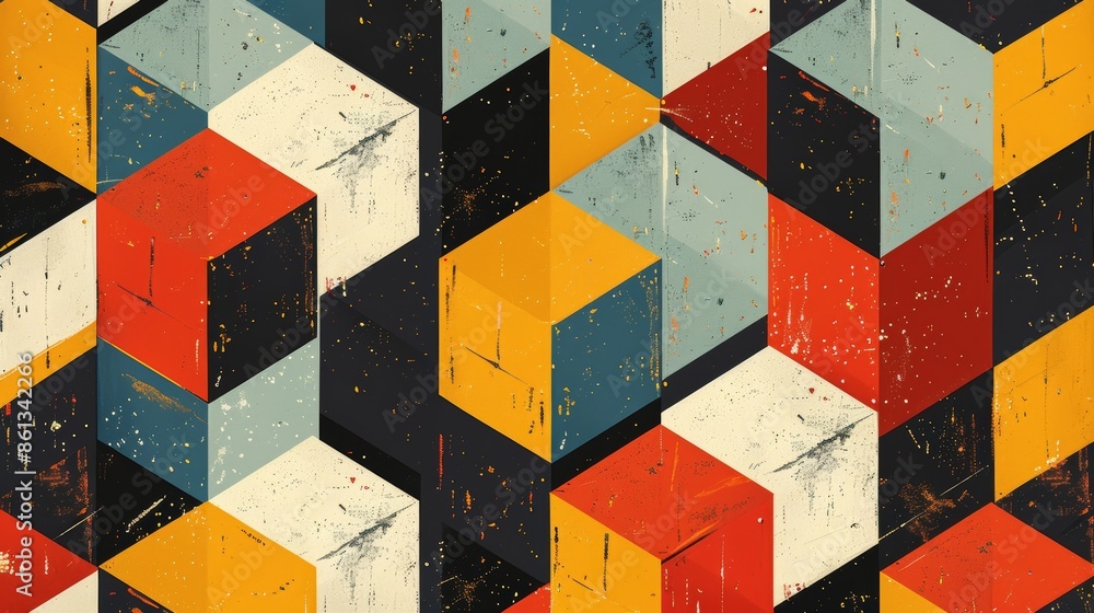 Poster Abstract geometric pattern with colorful cubes in a repeating pattern. The background has a textured, distressed look.