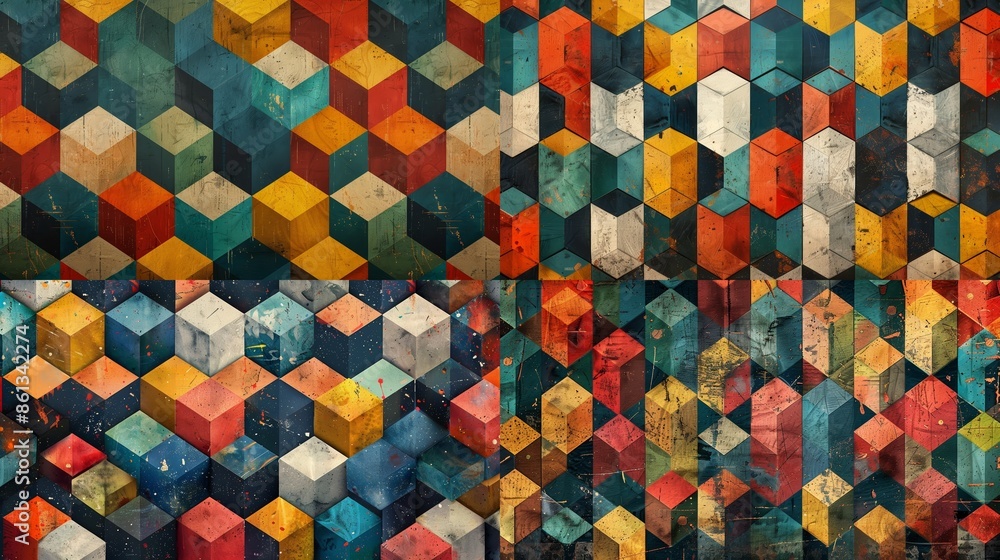 Poster abstract geometric pattern with colorful cubes in a distressed style. this vibrant and textured desi