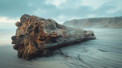 Gigantic ancient tree trunk left on a remote sandy beach