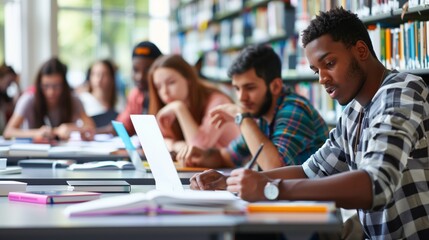 A group of students are sitting at a table in a library, some of them writing on their laptops. Scene is focused and studious, as the students are working on their assignments