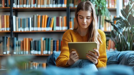 A woman sits in a library with a focused expression, reading from a tablet in a cozy environment surrounded by bookshelves, and warmth of sunlight.