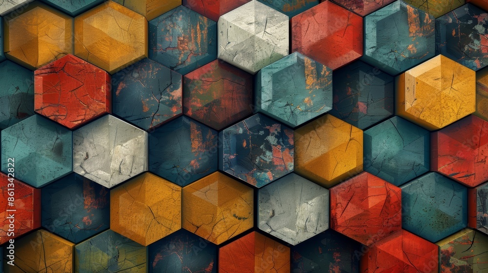 Poster abstract geometric pattern of colorful hexagonal shapes. a vibrant and modern design with textured s