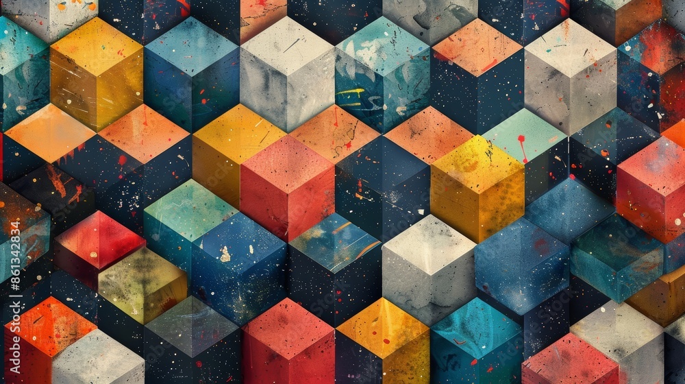 Poster abstract geometric pattern of colorful cubes with a textured, painted surface. the pattern creates a