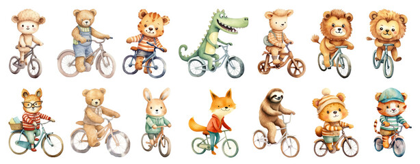 Cute animal riding bicycle png cut out element set