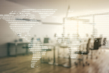 Fototapeta premium Multi exposure of abstract creative digital world map hologram on modern corporate office background, research and analytics concept