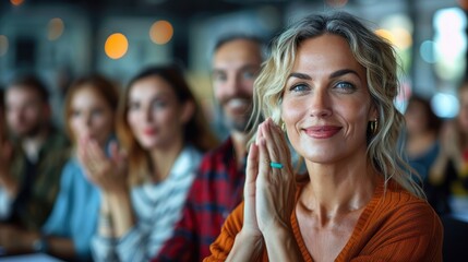 An elegant woman in an orange sweater claps her hands, surrounded by people at an inspiring conference, embodying appreciation and enthusiasm.