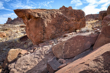 Huge rock with ancient engravings at the Twyfelfontein valley in Namibia