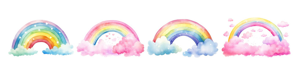 Whimsical watercolor rainbow clouds png set
