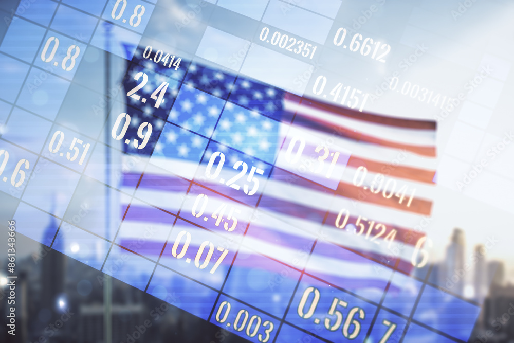 Poster multi exposure of abstract virtual graphic data spreadsheet sketch on us flag and skyline background
