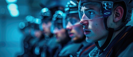 Team of ice hockey players lined up, wearing helmets and uniforms, with focused expressions, bathed in blue light.