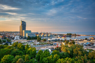 Beautiful scenery of Gdynia city with a marina at sunset. Poland