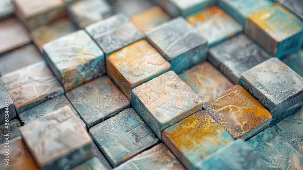 Poster abstract pattern of colorful, textured cubes, creating a dynamic and visually interesting design.