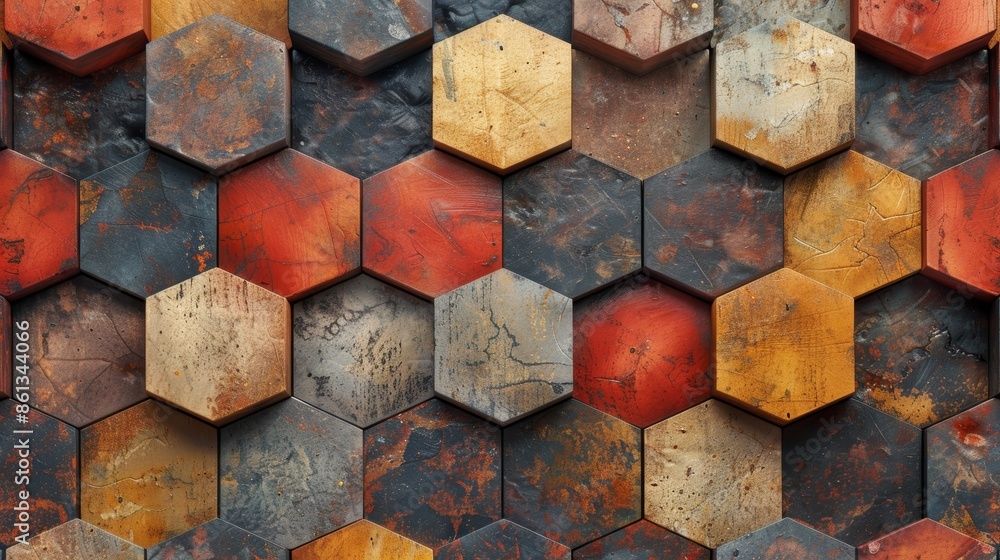 Poster abstract hexagonal pattern with colorful, textured wooden tiles.