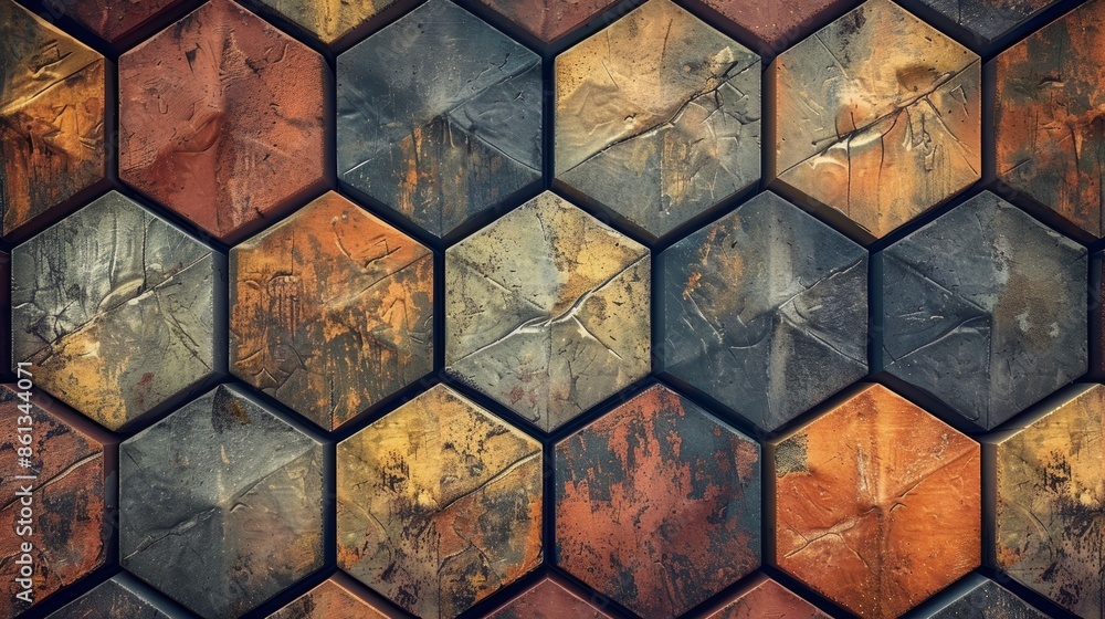 Poster Abstract hexagonal pattern with colorful, textured, and weathered surfaces.