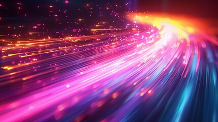 Fototapeta premium Abstract light streaks and particles swirl in vibrant hues of pink, blue, and orange against a dark background.