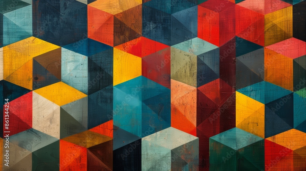 Poster abstract geometric pattern with vibrant colors and 3d cubes.