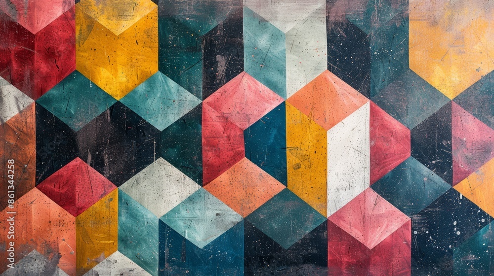 Poster abstract geometric pattern with vibrant colors and a textured surface.