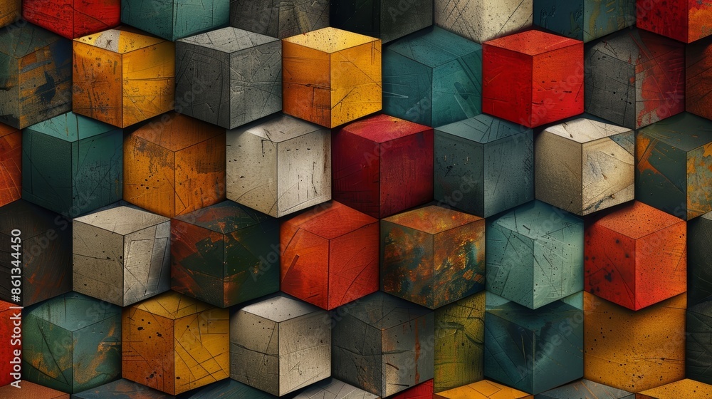 Poster abstract geometric pattern with colorful wooden cubes arranged in a hexagonal grid.