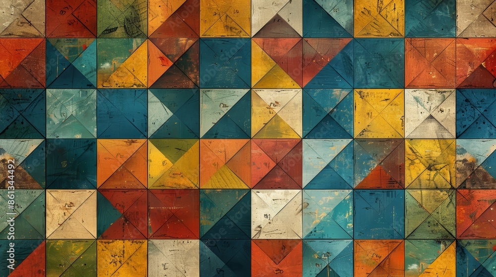 Poster abstract geometric pattern with colorful squares and triangles. a textured, artistic background.