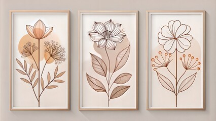 Set of three abstract floral art with Minimalist Line Art Florals