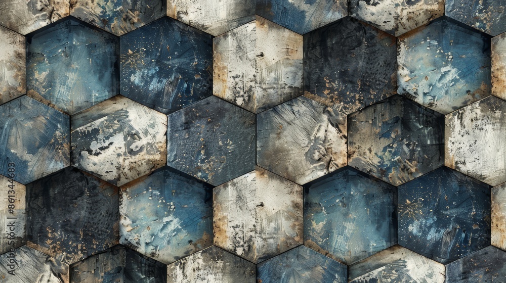 Poster abstract seamless pattern of blue and brown hexagonal tiles with a distressed, weathered effect.
