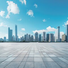 An empty square floor with a city skyline and modern buildings beneath a blue sky. Generative AI