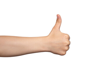 Child's hand shows thumbs up, class, like. Gesture isolated on white background. Design element....