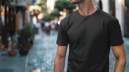 Fototapeta premium Man in a Black T-Shirt on a City Street