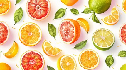Colorful citrus fruits, including oranges, grapefruits, and lemons, with green leaves, scattered on a white background.