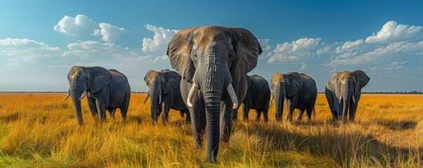 A line of elephants standing trunk to tail in a grassy savannah, the largest in the center.