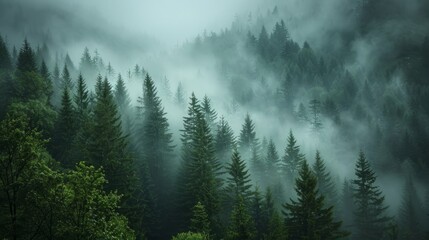 Serene scene of foggy dawn in the forested mountains