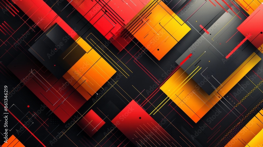 Poster decorative geometric shapes in black red and yellow with modern gradient lines conveying dynamic mov