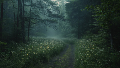 Obraz premium A serene and misty forest path lined with wildflowers, creating a tranquil and enchanting scene that evokes a sense of peace and natural beauty