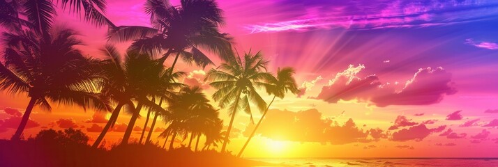 A breathtaking sunset illuminates a tranquil beach, with silhouette palm trees lining the shore. Generative AI