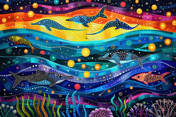 Australian Aboriginal dot painting art dreaming of fish in the blue ocean.