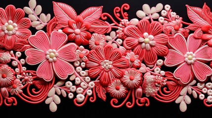 red and pink fabric texture background with embroided pattern