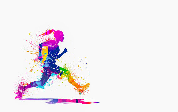 Colorful painted silhouette of a female runner in motion with a paint splash effect on a white background with copy space.