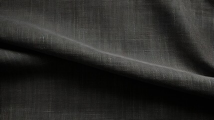 Closeup texture of natural weave cloth in dark gray or black color. Fabric texture of natural cotton or linen textile material.