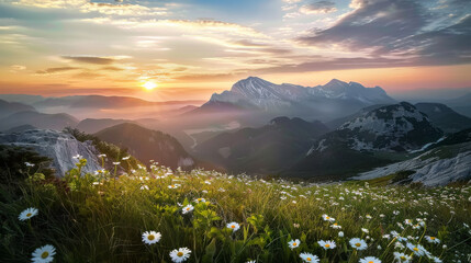 Fototapeta premium Sunrise in Mountains with White Wildflower Meadow 