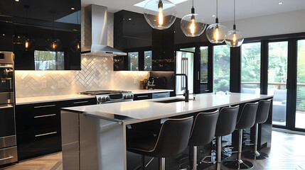 Contemporary kitchen with glossy black cabinets and white waterfall island
