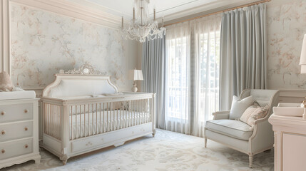 Elegant nursery with vintage furniture and pastel decor