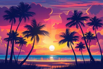 Fototapeta premium A beautiful sunset paints the sky in vibrant hues as palm trees stand tall. The calm ocean reflects the golden light, creating a serene scene. Generative AI