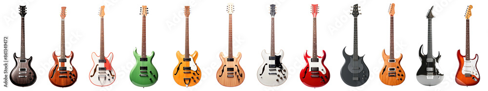 Poster colorful electric guitars in row png set