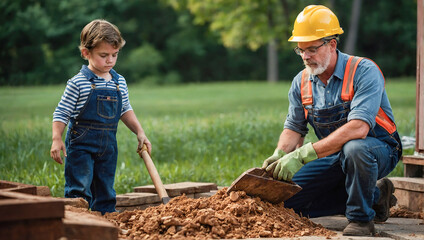 A dedicated worker teaching a young child how to use a shovel on a construction site.