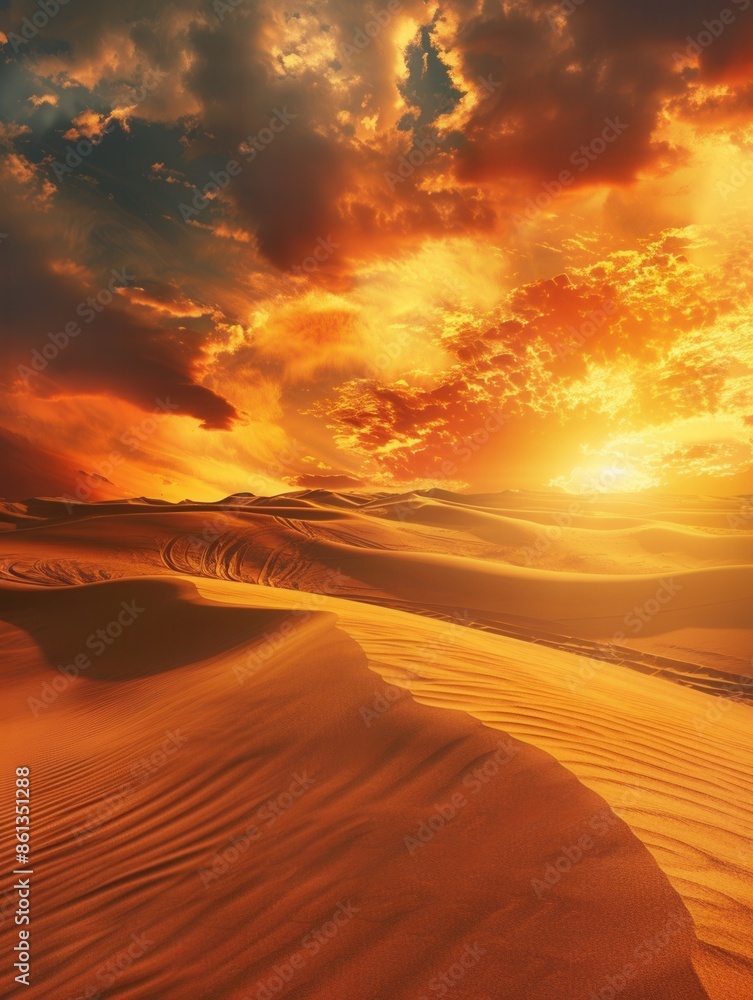Poster a breathtaking desert landscape with golden sand dunes illuminated by the warm glow of a setting sun