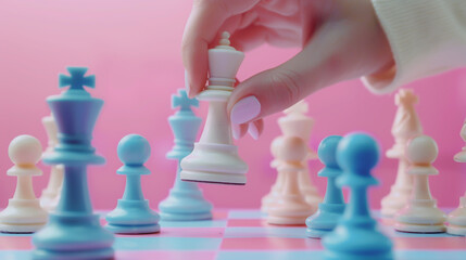 Close up of hand playing white chess queen piece on pink and blue checkered board, light background.