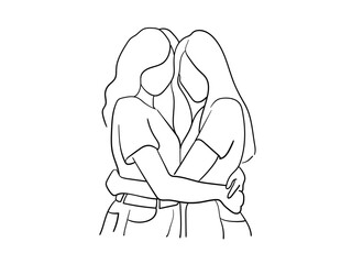 Girl hugging girlfriend, female friendship, support, lesbianism continuous line art drawing isolated on white background. Vector illustration